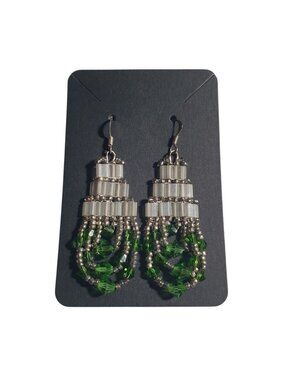 Beaded Dangle Earrings Green Crystal Silver Tone Hook Lightweight Jewelry Boho